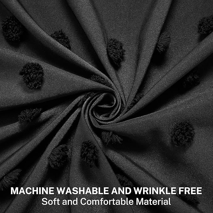 Small Stall Black Boho Shower Curtain Woven Fabric Cute Shower Curtain, 36 x 72 Tufted Pleat Floral Textured Modern Farmhouse Minimalist Shower Curtain Set with Hooks for Bathroom