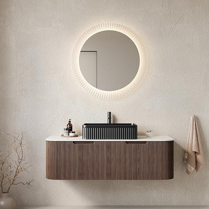 48'' Bathroom Vanities Cabinet with Sink, Wall Mounted Floating Cabinet W/Curved Edges Stripes, Oak Plywood, Soft-Close System with 2 Drawer, Black Rectangular Ceramic Basin - Kiel, Dark Walnut/B