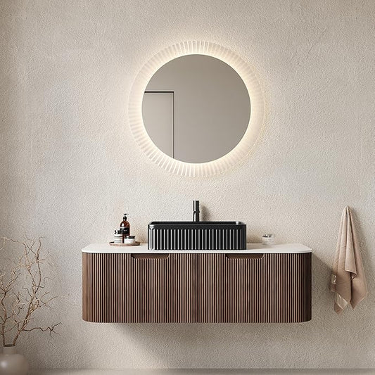 48'' Bathroom Vanities Cabinet with Sink, Wall Mounted Floating Cabinet W/Curved Edges Stripes, Oak Plywood, Soft-Close System with 2 Drawer, Black Rectangular Ceramic Basin - Kiel, Dark Walnut/B