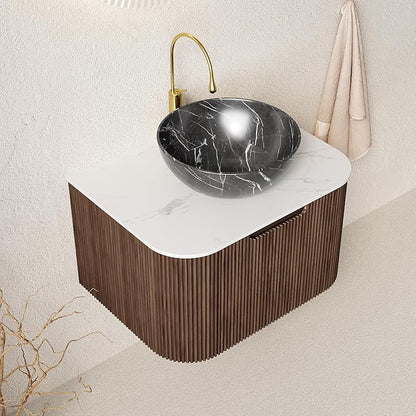 24'' Bathroom Vanities Cabinet with Sink Combo, Wall Mounted Floating Cabinet W/Curved Edges Stripes, Oak Plywood, Soft-Close System with a Drawer, Black Bowl Ceramic Basin - Kiel, Dark Walnut/R