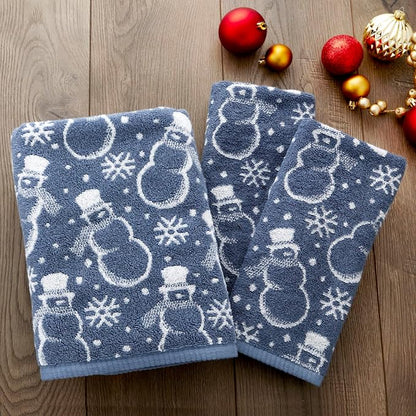 SKL Home Winter/Christmas Top Hat Snowmen Hand Towel Set-2pc, Blue | 100% Cotton. 500 GSM. Soft & absorbent. Reversible jacquard pattern. Great for use in the bathroom, kitchen or bar & gifting.