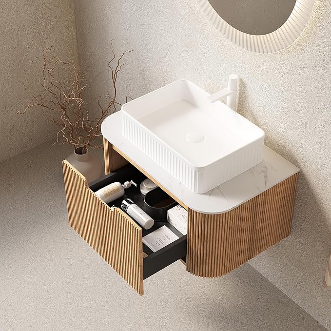 30'' Bathroom Vanities Cabinet with Sink , Wall Mounted Floating Cabinet W/Curved Edges Stripes, Oak Plywood, Soft-close System with a Drawer, White Rectangular Ceramic Basin - Kiel, Natural Wood/W