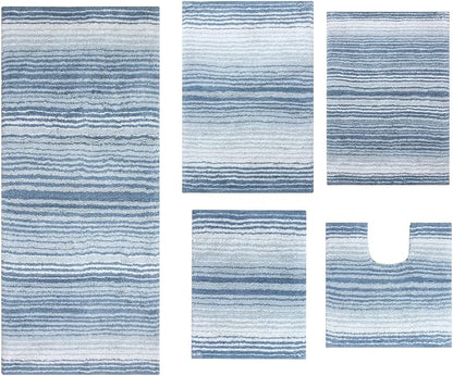 Home Weavers 100% Cotton Gradiation Collection Bathroom Décor | Washable Rug | Bathroom Mat | Kitchen Mat | Bathroom Rug Set | Bath Mat Set | Bath Floor Mat Non Slip, 5 Piece Set with Contour, Blue