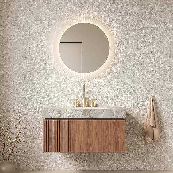 KEIKI 36 Inch Floating Bathroom Vanity with Sink, Modern Wall Mounted Storage Cabinet with Drawer, Pre-Assembled Waterproof Wood Panels, Sintered Stone Top & Ceramic Basin Combo Set, Brown Oak & Grey