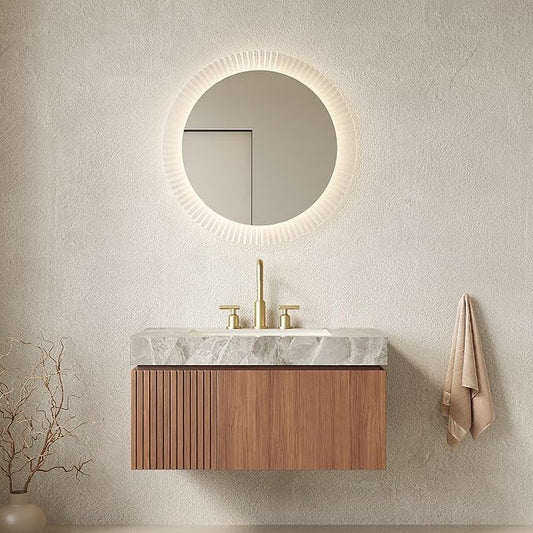 KEIKI 36 Inch Floating Bathroom Vanity with Sink, Modern Wall Mounted Storage Cabinet with Drawer, Pre-Assembled Waterproof Wood Panels, Sintered Stone Top & Ceramic Basin Combo Set, Brown Oak & Grey