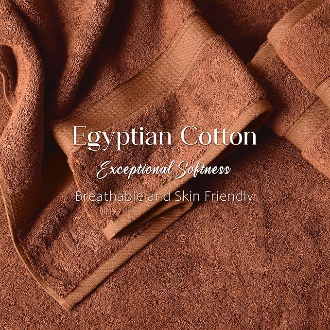SUPERIOR Egyptian Cotton Ultra Plush & Absorbent, 12 Piece Set, Rust | Heavyweight 12 Pc Egyptian Cotton Towel Set Includes 4 Bath Towels 4 Hand Towels 4 Washcloths Decorative Rope Border