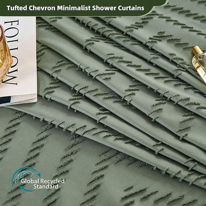 Siiluminisoy Extra Long Sage Green Shower Curtain with Tassel, Woven Fabric 90 in, Tufted Chevron Striped, 72 x 90, Modern Chic Textured Minimalist Bathroom