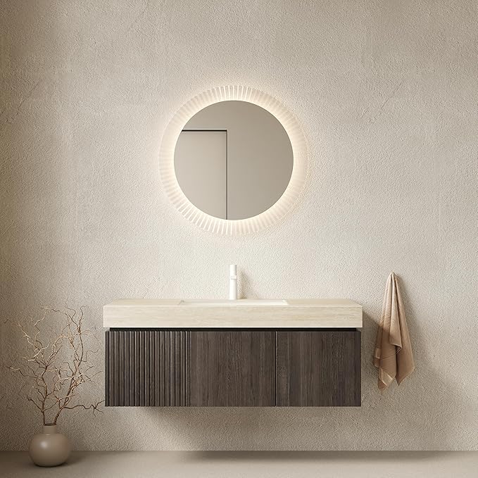 48 Inch Floating Bathroom Vanity with Sink, Wall-Mounted Bathroom Vanity with Drawer and 2 Doors, Roma Travertine-Pattern Countertop and Ceramic Basin, Pre-Assembled,Espresso