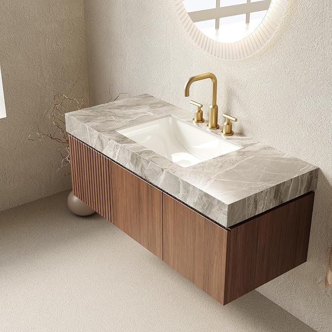 KEIKI 48 Inch Floating Bathroom Vanity with Sink, Brown Oak & Grey | Modern Wall Mounted Storage Cabinet w/ Drawer & Door, Pre-assembled Wood Panels, Sintered Stone Top & Ceramic Basin Combo Set
