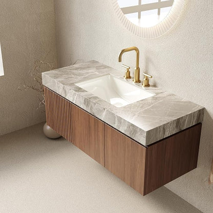 KEIKI 48 Inch Floating Bathroom Vanity with Sink, Brown Oak & Grey | Modern Wall Mounted Storage Cabinet w/ Drawer & Door, Pre-assembled Wood Panels, Sintered Stone Top & Ceramic Basin Combo Set