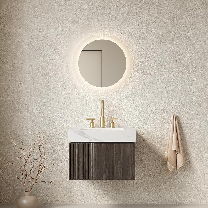 KEIKI 24 Inch Floating Bathroom Vanity with Sink, Espresso & White | Modern Wall Mounted Storage Cabinet with 2 Doors, Pre-assembled Wood Panels, Sintered Stone Top & Ceramic Basin Combo Set