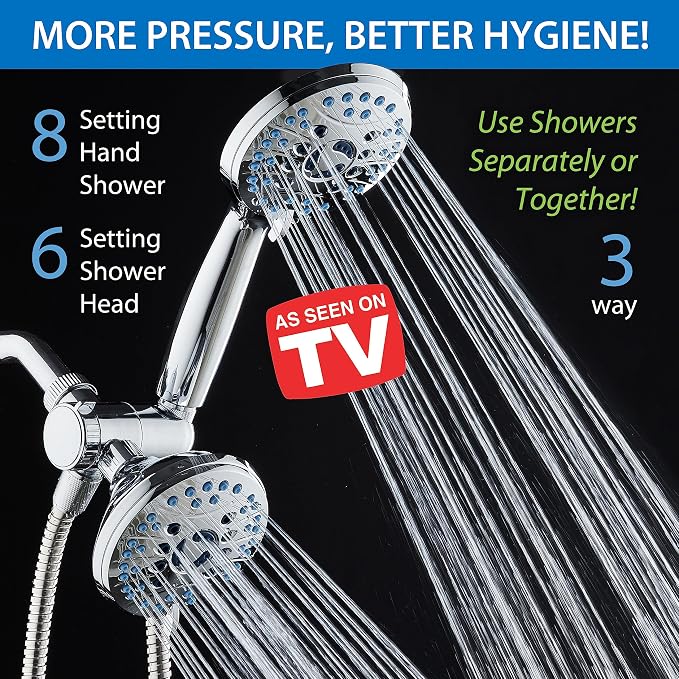 AquaCare 48-mode High Pressure 3-way Shower Head Combo w/ 2-mode Power Wash | Pure Clean Jets, Dual Handheld Power Wash for Tub, Tile & Pets, Long 6 ft. Stainless Steel Hose, Extra Wall Bracket / Chrome