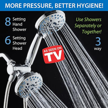 AquaCare 48-mode High Pressure 3-way Shower Head Combo w/ 2-mode Power Wash | Pure Clean Jets, Dual Handheld Power Wash for Tub, Tile & Pets, Long 6 ft. Stainless Steel Hose, Extra Wall Bracket / Chrome