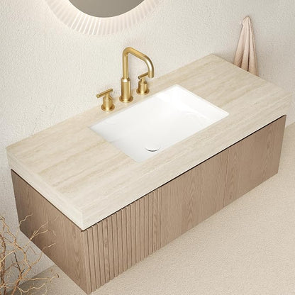 KEIKI 48 Inch Floating Bathroom Vanity with Sink, Light Brown & Beige | Modern Wall Mounted Storage Cabinet w/ Drawer & Door, Pre-assembled Wood Panels, Sintered Stone Top & Ceramic Basin Combo Set