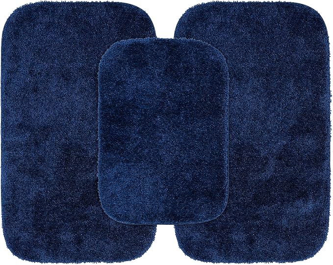 Garland Rug Traditional Nylon Washable Navy 3 Bath Rugs (17" X 24", 21" X 34", 21" X 34") - Soft, Absorbent, and Stylish for Your Bathroom