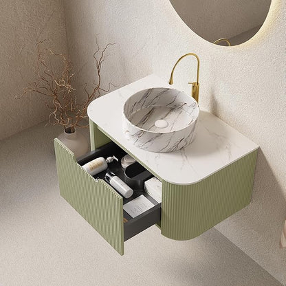 Yayzy 30" Floating Bathroom Vanity with Sink, Solid Wood Fluted Cabinet, White Marble-Patterned Ceramic Basin & Faux Marble Top, Soft-Close Drawer, Pre-Assembled, Light Green