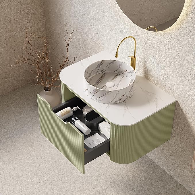 30'' Bathroom Vanities Cabinet with Sink Combo, Wall Mounted Floating Cabinet W/Curved Edges Stripes, Oak Plywood, Soft-close System with a Drawer, White Round Ceramic Basin - Kiel, Light Green/S