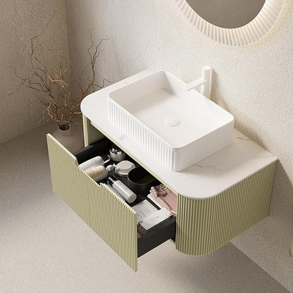 Yayzy 36" Floating Bathroom Vanity with Sink, Solid Wood Fluted Cabinet, White Fluted Square Ceramic Basin & Faux Marble Top, Soft-Close Drawer, Pre-Assembled, Light Green