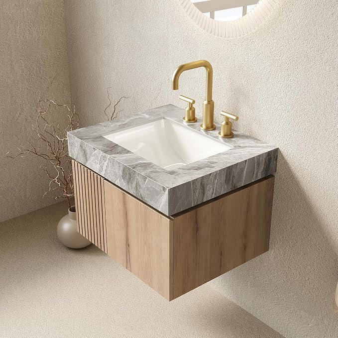 KEIKI 24 Inch Floating Bathroom Vanity with Sink, White Oak & Grey | Modern Wall Mounted Storage Cabinet with 2 Doors, Pre-assembled Wood Panels, Sintered Stone Top & Ceramic Basin Combo Set