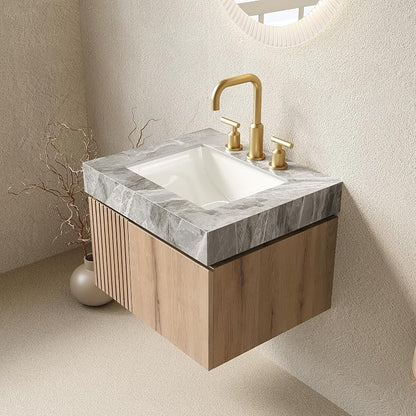 KEIKI 24 Inch Floating Bathroom Vanity with Sink, White Oak & Grey | Modern Wall Mounted Storage Cabinet with 2 Doors, Pre-assembled Wood Panels, Sintered Stone Top & Ceramic Basin Combo Set