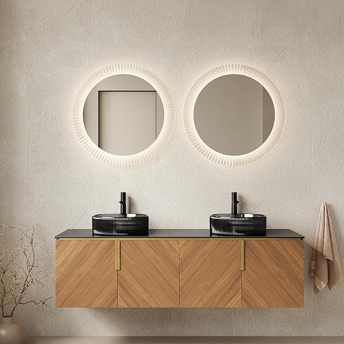 60" Double Sink Bathroom Vanity with Sink Combo, Floating Vanity with Vessel Sink, Wall-Mounted Plywood Bathroom Vanity Storage Cabinet with 4 Doors & 2 Glass Basin, Brown Oak