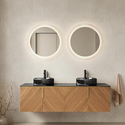 60" Double Sink Bathroom Vanity with Sink Combo, Floating Vanity with Vessel Sink, Wall-Mounted Plywood Bathroom Vanity Storage Cabinet with 4 Doors & 2 Glass Basin, Brown Oak