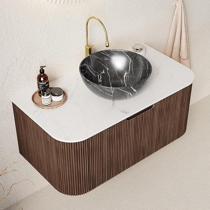 36'' Bathroom Vanities Cabinet with Sink Combo, Wall Mounted Floating Cabinet W/Curved Edges Stripes, Oak Plywood, Soft-Close System with a Drawer, Black Bowl Ceramic Basin - Kiel, Dark Walnut/R