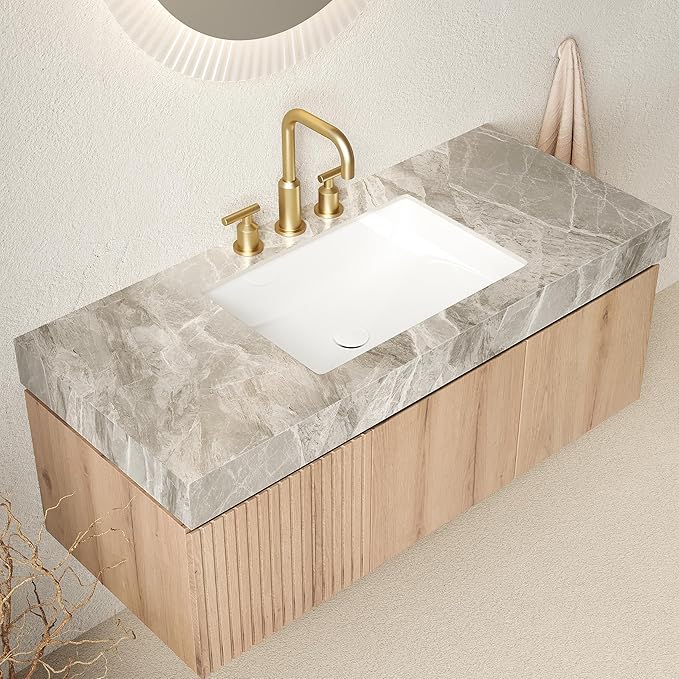 48" Floating Bathroom Vanity with Sink, Modern Plywood Bathroom Vanities with Drawer and Doors, Gray Sintered Stone Countertop and 3 Pre-drilled Faucet Holes Ceramic Basin, Pre-Assembled, Light Oak
