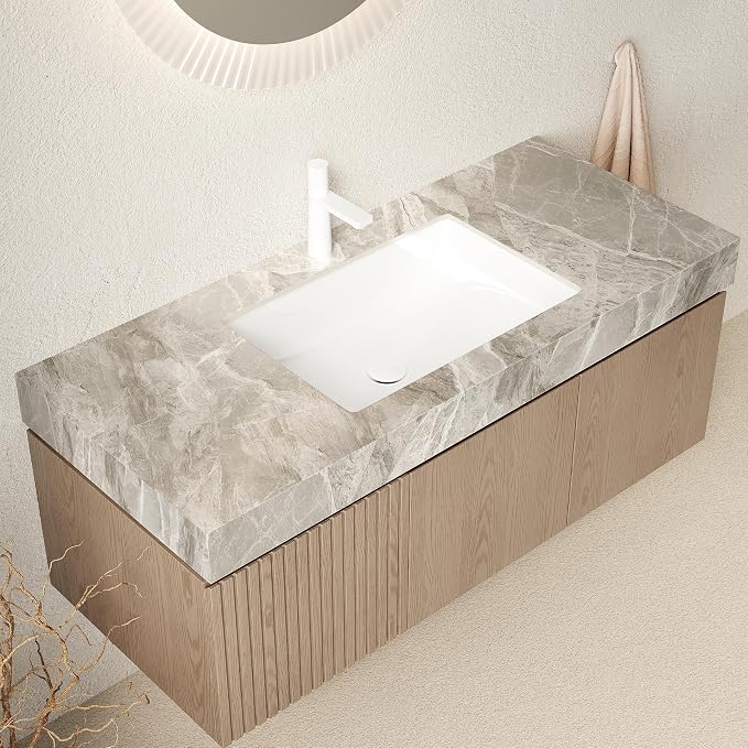 KEIKI 48 Inch Floating Bathroom Vanity with Sink, Light Brown & Grey | Modern Wall Mounted Storage Cabinet w/ Drawer & Door, Pre-assembled Wood Panels, Sintered Stone Top & Ceramic Basin Combo Set