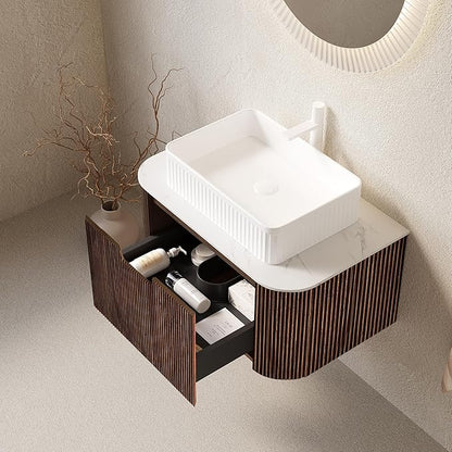 Yayzy 30" Floating Bathroom Vanity with Sink, Solid Wood Fluted Cabinet, White Fluted Square Ceramic Basin & Faux Marble Top, Soft-Close Drawer, Pre-Assembled, Walnut Woodgrain