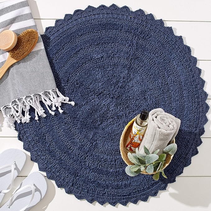 DII Crochet Collection Reversible Bath Mat, Round, 27.5" Diameter, French Blue