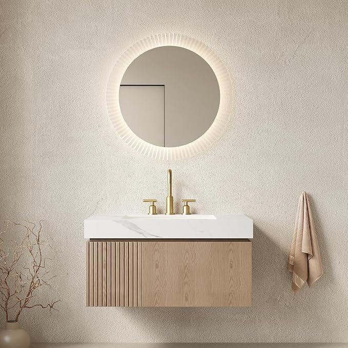 KEIKI 36 Inch Floating Bathroom Vanity with Sink, Light Brown & White | Modern Wall Mounted Storage Cabinet w/ Drawer & Door, Pre-assembled Wood Panels, Sintered Stone Top & Ceramic Basin Combo Set