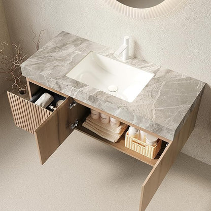 KEIKI 48 Inch Floating Bathroom Vanity with Sink, Modern Wall Mounted Storage Cabinet with Drawer, Pre-Assembled Waterproof Wood Panels, Sintered Stone Top & Ceramic Basin Combo Set, White Oak & Grey