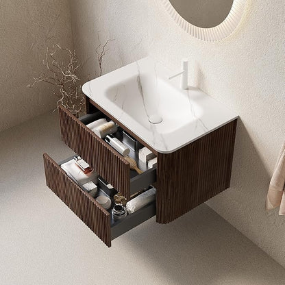 30" Floating Bathroom Vanity with Sink, Wall Mounted Modern Bathroom Cabinet with 2 Soft Close Drawers, Oak & Plywood, Pre-Assembled with Carrara White Basin – Bruges, Retro Walnut/S
