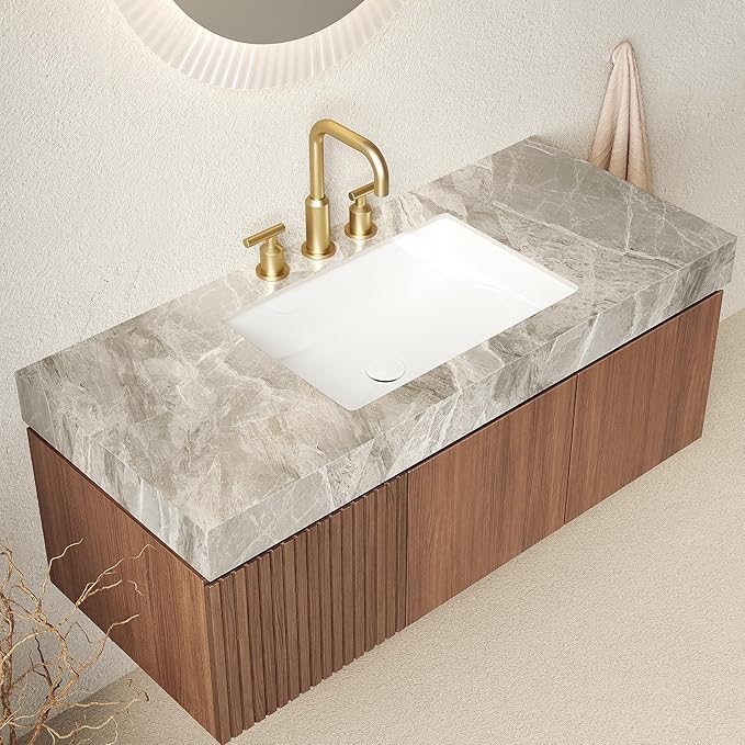 48 inch Floating Bathroom Vanity with Sink, Modern Plywood Bathroom Vanities with Drawer and Doors, Light Gray Sintered Stone and 3 Pre-drilled Faucet Holes Ceramic Basin, Pre-Assembled, Dark Oak