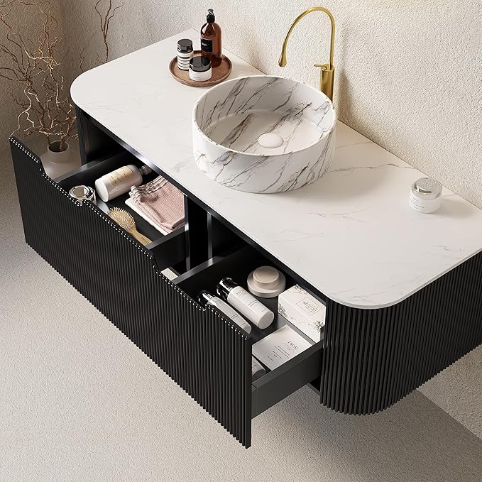 Yayzy 48" Floating Bathroom Vanity with Sink, Solid Wood Fluted Cabinet, White Marble-Patterned Ceramic Basin & Faux Marble Top, Soft-Close Drawer, Pre-Assembled, Gloss Black