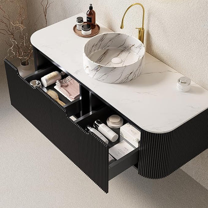Yayzy 48" Floating Bathroom Vanity with Sink, Solid Wood Fluted Cabinet, White Marble-Patterned Ceramic Basin & Faux Marble Top, Soft-Close Drawer, Pre-Assembled, Gloss Black