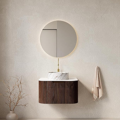Yayzy 24" Floating Bathroom Vanity with Sink, Solid Wood Fluted Cabinet, White Marble-Patterned Ceramic Basin & Faux Marble Top, Soft-Close Drawer, Pre-Assembled, Walnut Woodgrain