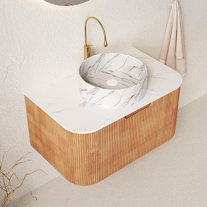 30'' Floating Vanity with Sink Combo, Modern Wall-Mounted Curved Edges Striped Bathroom Storage Cabinet with Soft-Close Drawer and White Stone Pattern Basin, Natural Walnut
