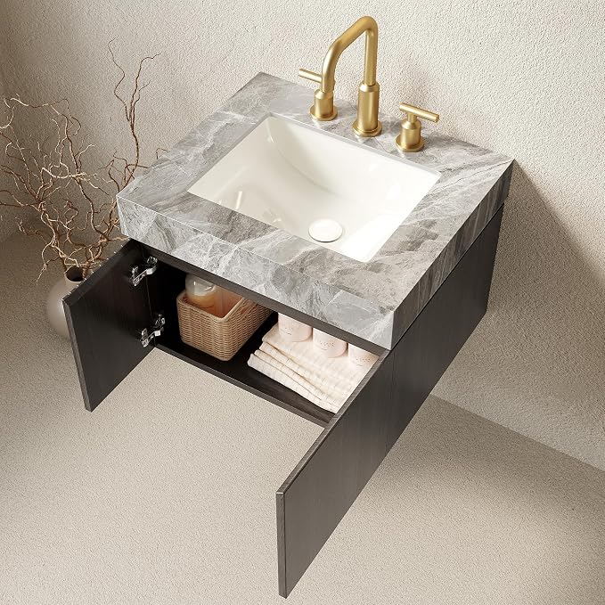 KEIKI 24 Inch Floating Bathroom Vanity with Sink, Espresso & Grey | Modern Wall Mounted Storage Cabinet with 2 Doors, Pre-assembled Wood Panels, Sintered Stone Top & Ceramic Basin Combo Set