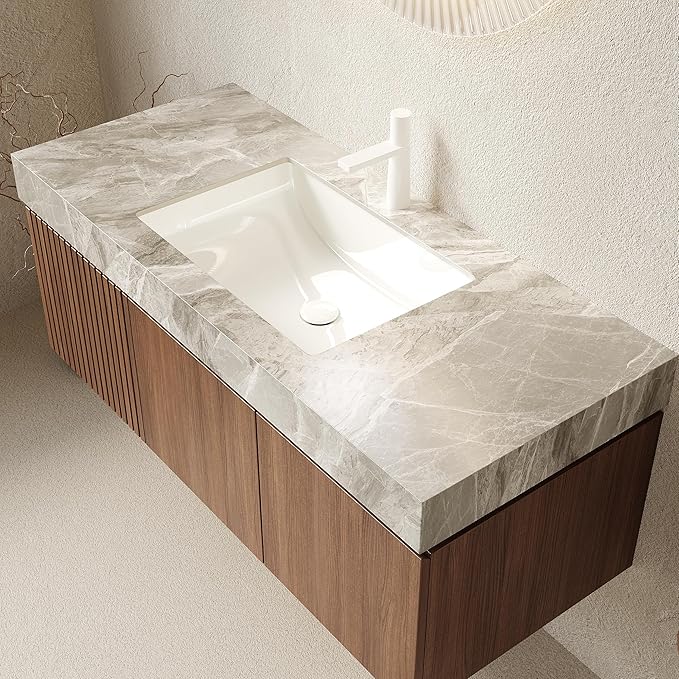 Ambrovina 48" Floating Bathroom Vanity with Sink, Modern Plywood Bathroom Storage Cabinet with Drawer and 2 Doors, Light Gray Sintered Stone Countertop and White Ceramic Basin, Pre-assembled, Dark Oak