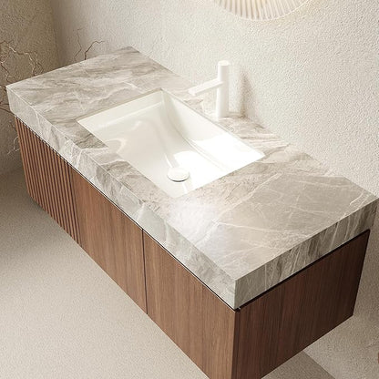 Ambrovina 48" Floating Bathroom Vanity with Sink, Modern Plywood Bathroom Storage Cabinet with Drawer and 2 Doors, Light Gray Sintered Stone Countertop and White Ceramic Basin, Pre-assembled, Dark Oak