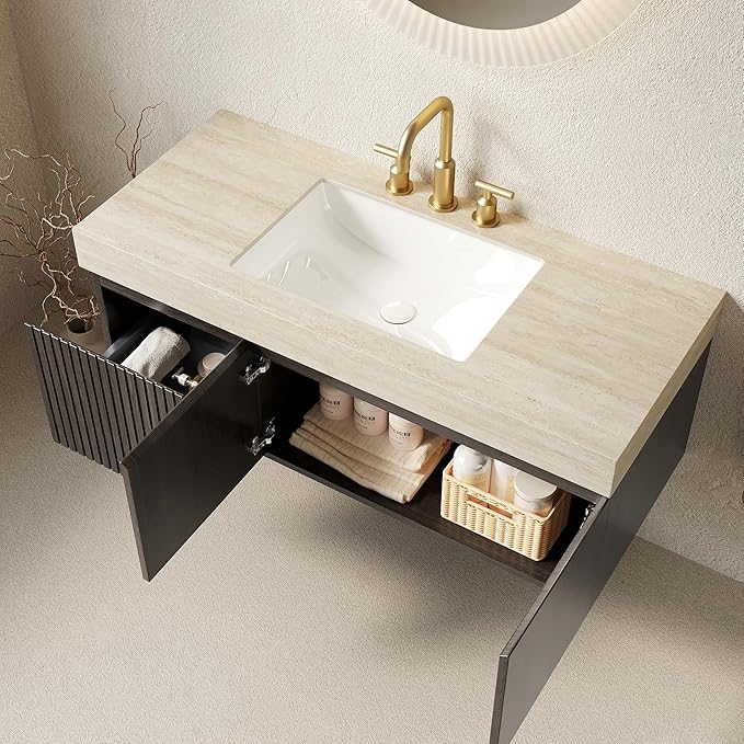 48" Floating Bathroom Vanity with Sink, Plywood Bathroom Vanities, Roma Travertine Sintered Stone Top and 3 Pre-drilled Faucet Holes Ceramic Basin, Pre-Assembled, Espresso Woodgrain
