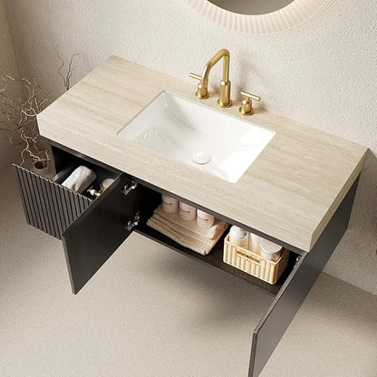 48" Floating Bathroom Vanity with Sink, Plywood Bathroom Vanities, Roma Travertine Sintered Stone Top and 3 Pre-drilled Faucet Holes Ceramic Basin, Pre-Assembled, Espresso Woodgrain
