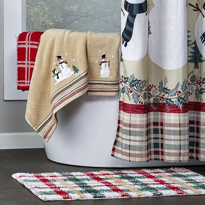 SKL Home Christmas/Winter Rustic Plaid Snowman Hand Towel Set-2pc, Wheat | 100% Cotton. 500 GSM. Soft & absorbent terry with embroidery. Great for the bathroom, kitchen or bar & holiday gifting.