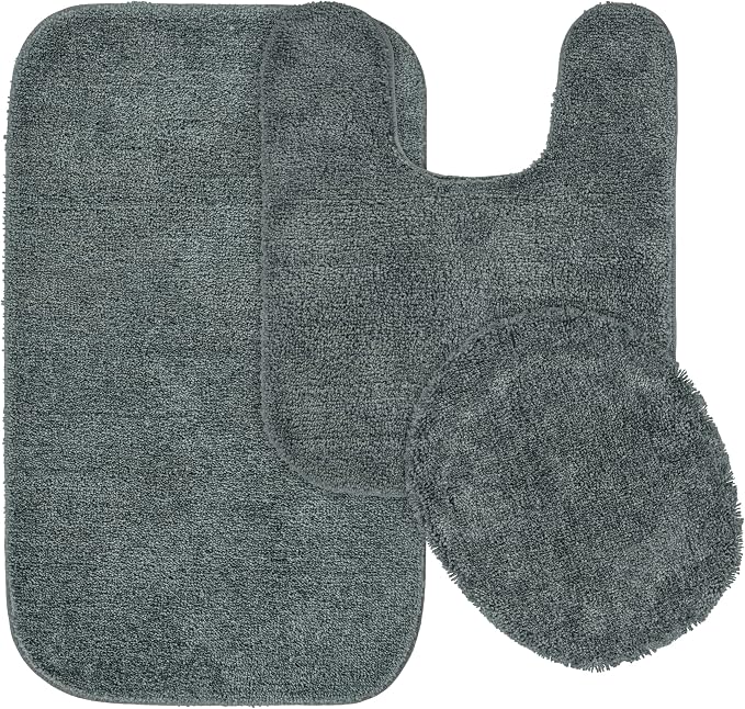 Garland Rug Traditional Nylon Washable Dark Gray 3 Piece Set - Lid, Contour, Bath Rug - Soft, Absorbent, and Stylish for Your Bathroom