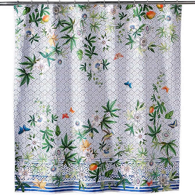 Maison d' Hermine Shower Curtain 100% Cotton One Panel 70"x72" Washable Fabric Shower Curtains for Bathroom, Easy Hanging with 12 Button Holes - Home Hotel Spa Easter Gifts (Passiflora)