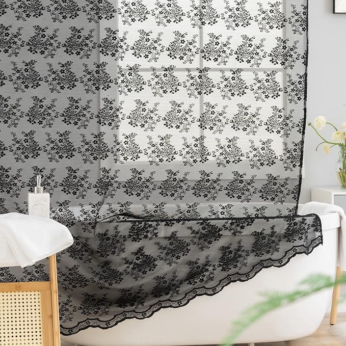 TUDECO Black Lace Shower Curtain with Valance, Gothic Style, 72 x 72 Inch | Halloween Bathroom Curtain, Moody Witchy Victorian Decor, Dark Vintage Floral, Soft Light Filtering, Scalloped Edges