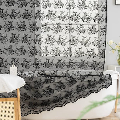 TUDECO Black Lace Shower Curtain with Valance, Gothic Style, 72 x 72 Inch | Halloween Bathroom Curtain, Moody Witchy Victorian Decor, Dark Vintage Floral, Soft Light Filtering, Scalloped Edges