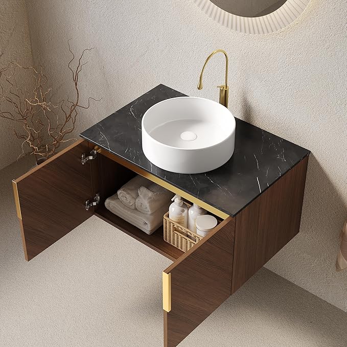 30 Inch Floating Vanity with Sink Combo, Modern Bathroom Vanity with Vessel Sink, Wall-Mounted Bathroom Vanity Cabinet with Doors, Sintered Stone Countertop and Round Basin,Brown Oak